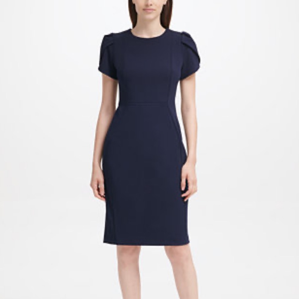 Calvin Klein Blue Sheath Dress Tulip Sleeve Knee Length Scuba Stretch, Sz 6 NWT